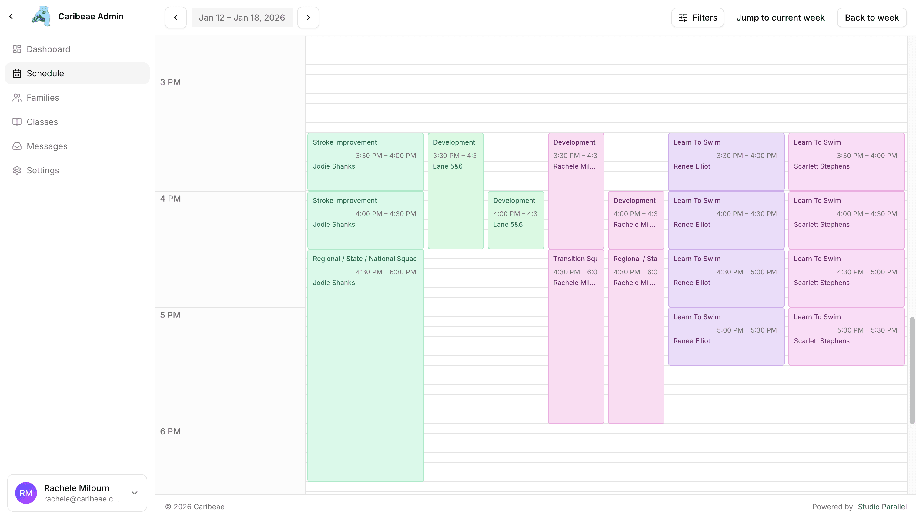 Schedule view showing classes across the week.